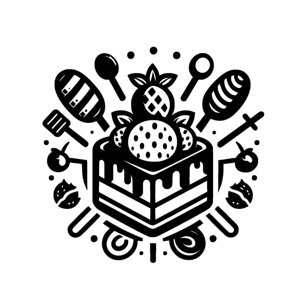 Monochromatic Dessert Illustration Layered Cake Adorned with Fruit, Culinary Tools, and Decorative Elements in a Bold, Geometric Style vector