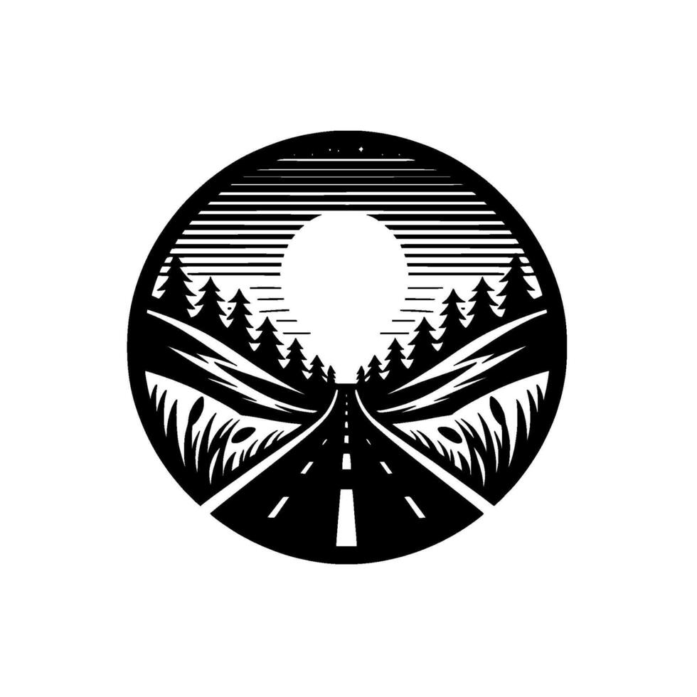 Circular Black and White Landscape Road Through Forest with Moon and Stars, Minimalist Illustration. vector
