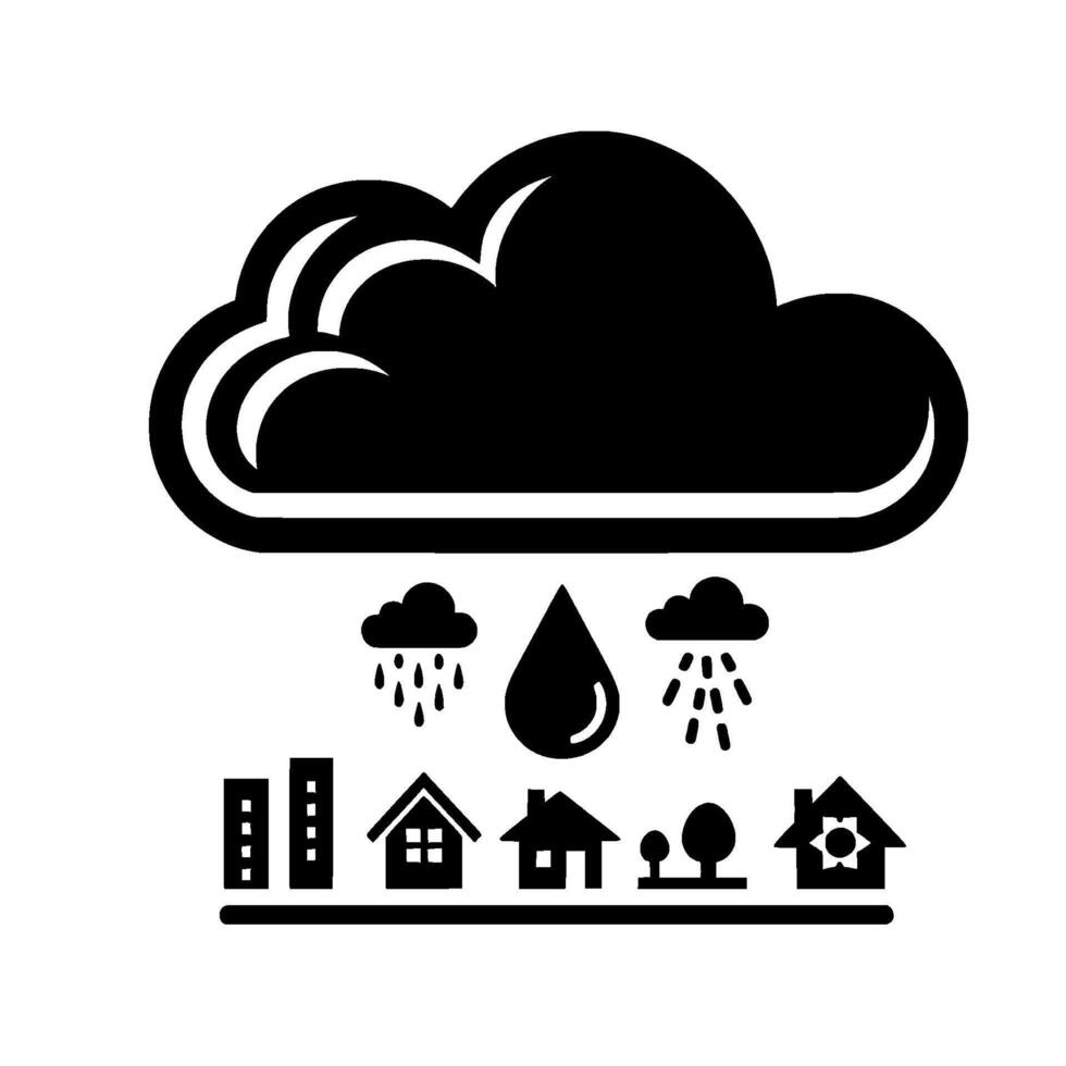 Black and white illustration a large cloud raining on a stylized cityscape, including buildings, homes, and trees, with raindrop and cloud icons. vector