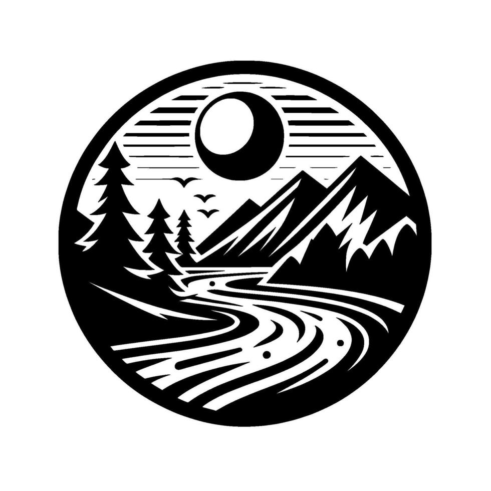 Monochrome Mountain Landscape in a Circle, featuring River, Trees, Birds, SunMoon, Nature , Minimalist , Black White, and Serene Ambiance. vector
