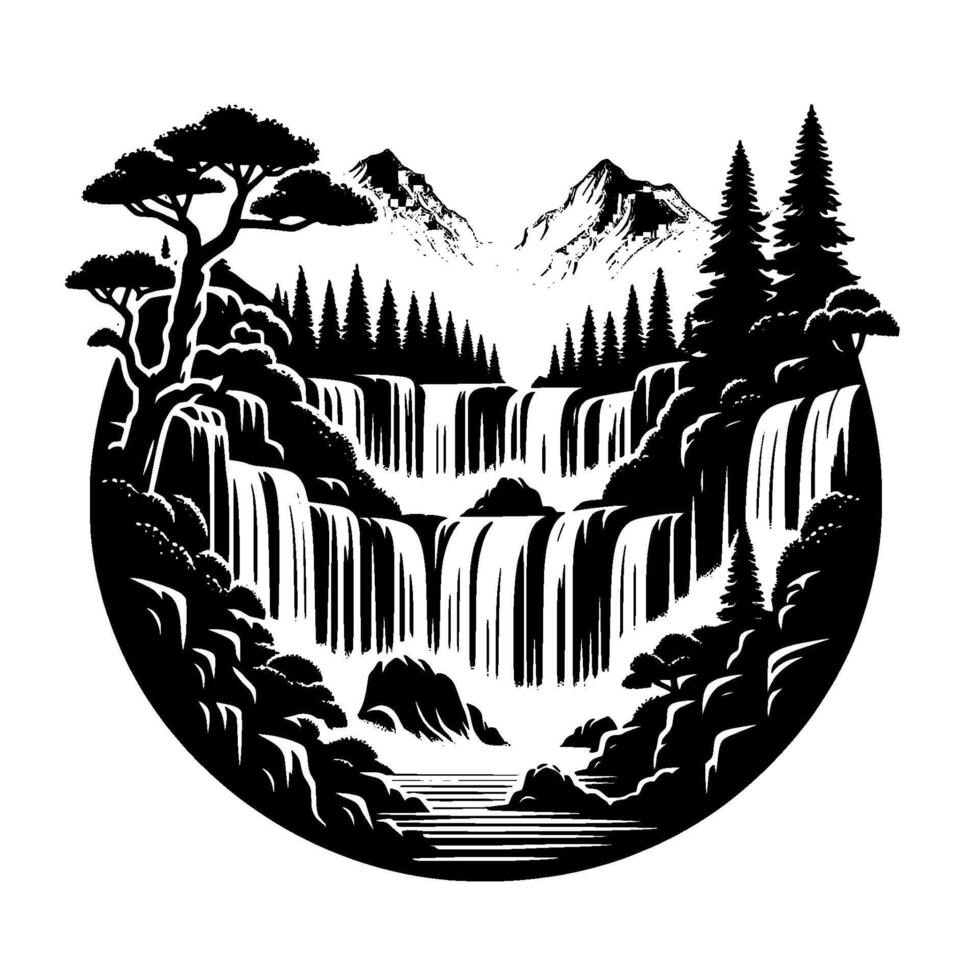 Monochromatic landscape illustration of tiered waterfalls cascading amidst dense forest, mountains, and serene ambiance, enclosed in a circular frame. vector