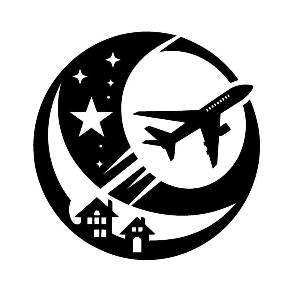 Black and white illustration of a nighttime flight, plane soaring past the moon and stars above houses. vector