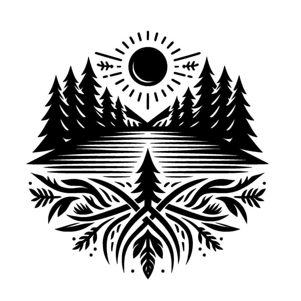 Serene Black and White Circular Illustration of a Lakeside Forest Scene Under a Radiant Sun with Nature Inspired Details. vector