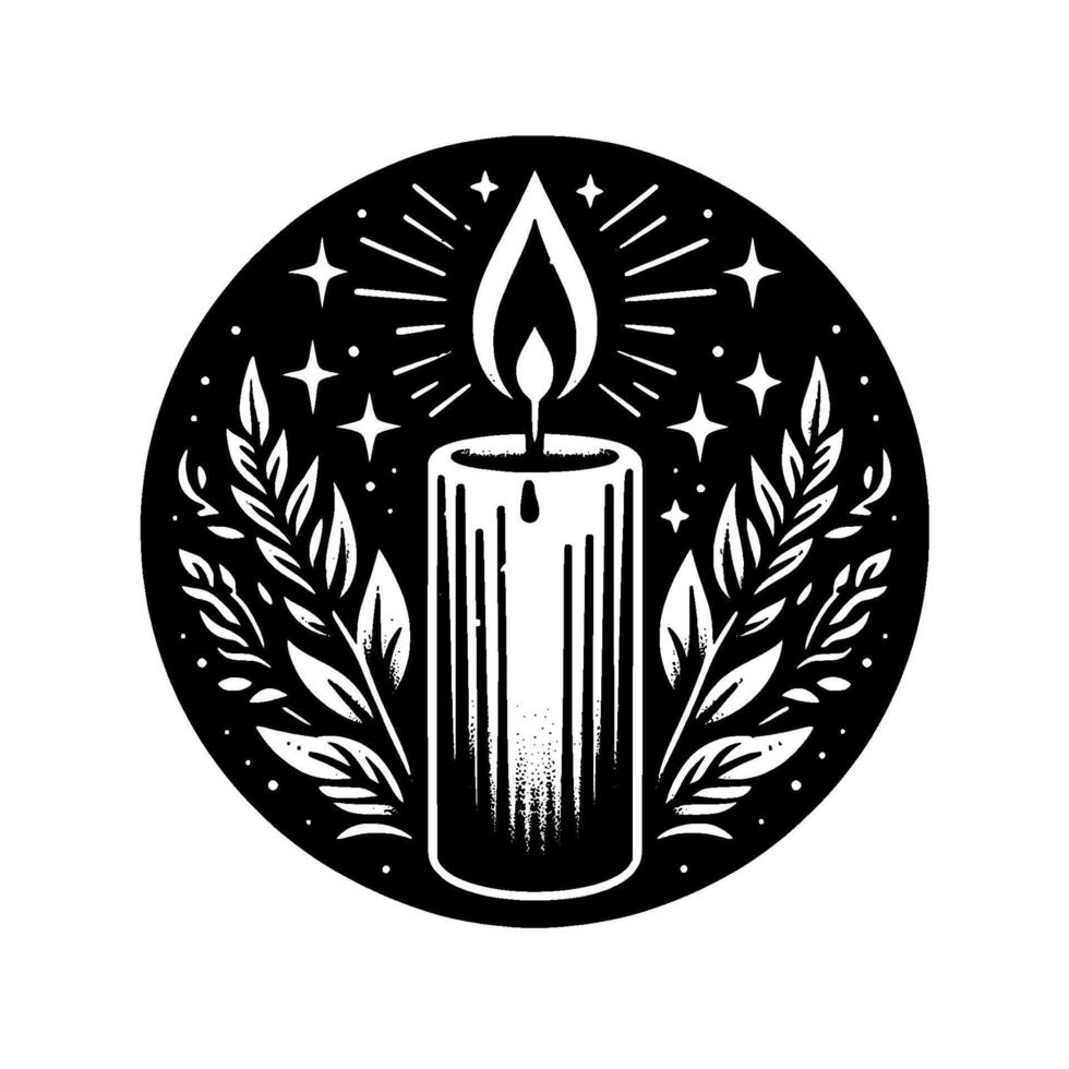 A stylized black and white illustration of a lit candle within a circular frame, surrounded by leaves, stars, and radiating light. vector