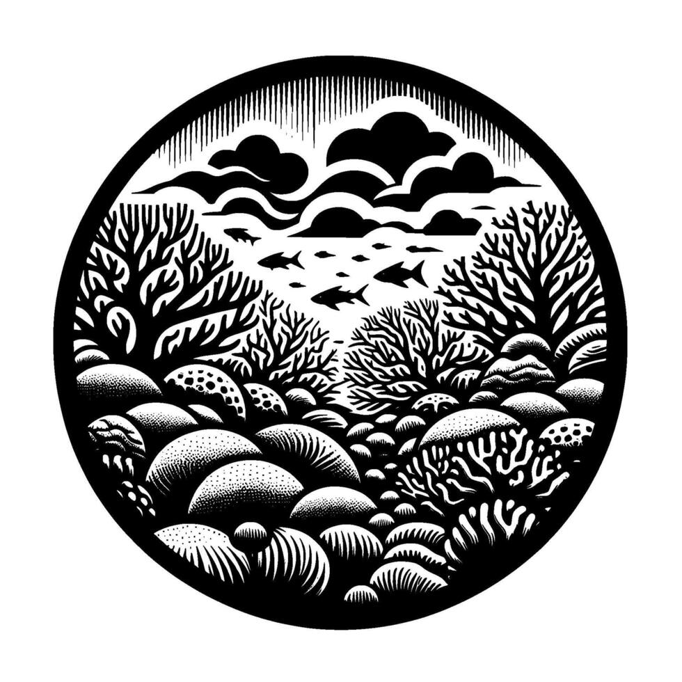 Intricate Black White Circular Illustration of Underwater Ecosystem, Coral Reef, Fish, Clouds. vector