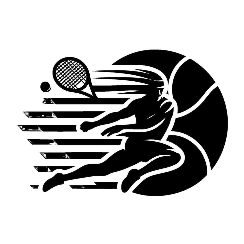 Dynamic Black and White Tennis Player Silhouette in Motion, Racing Toward a Giant Basketball vector