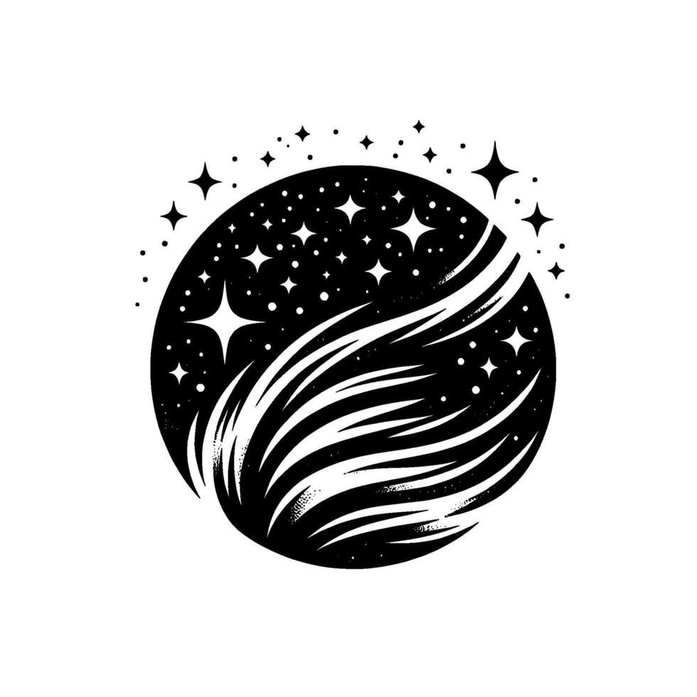 A celestial monochrome emblem a starry sphere cradling stylized, flowing energy, accented by surrounding stars. vector