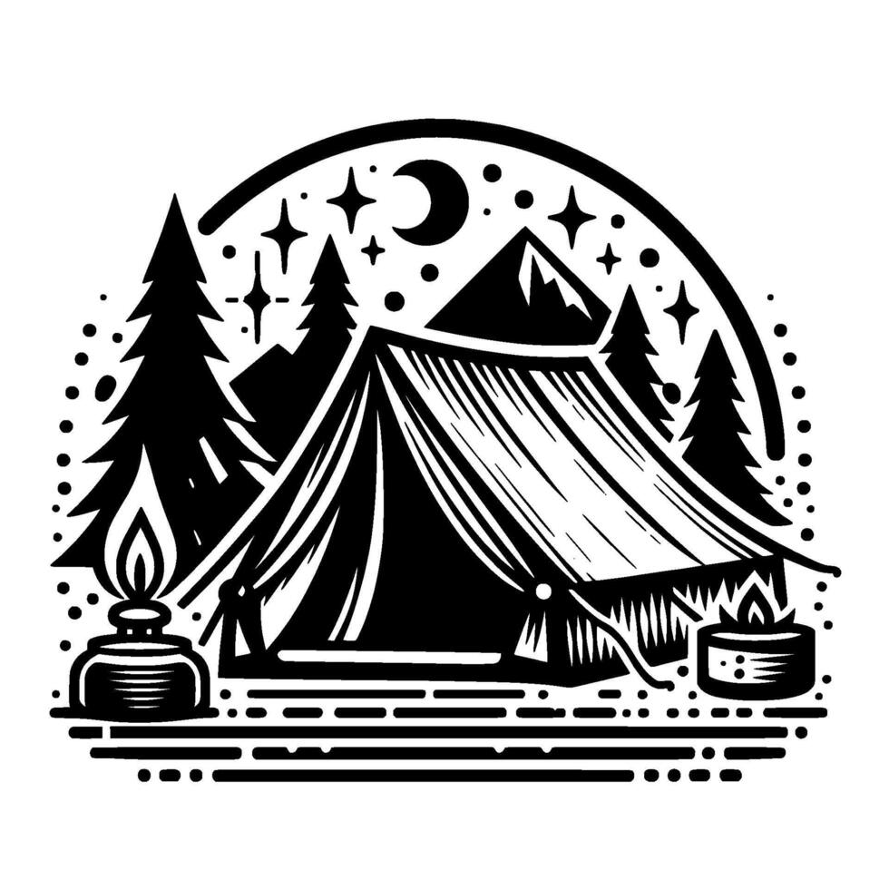 Black and white camping scene tent under starry night with moon, campfire, trees, mountains, in a stylized, composition. vector