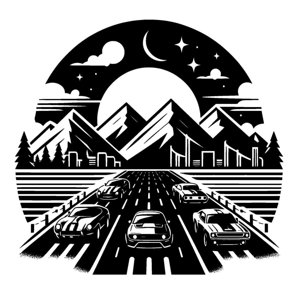 Black and white retro illustration of classic cars cruising a highway beneath mountains and a stylized night sky with a moon and stars. vector