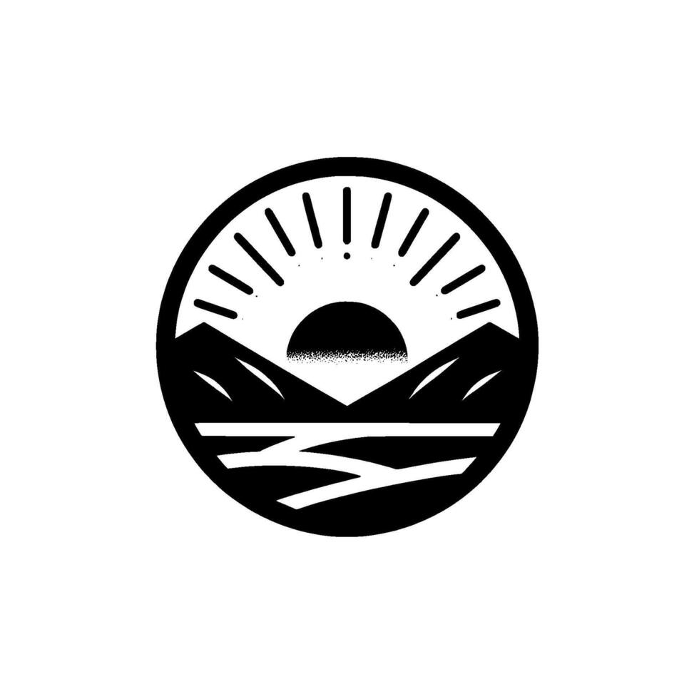 Monochrome Circular Illustration Depicting Sunrise Over Mountains and Water, . vector