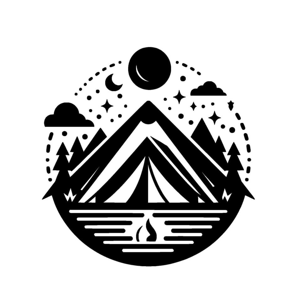 Black and white circular illustration depicting a mountain campsite under a night sky, featuring tent, trees, lake, campfire, and celestial elements. vector