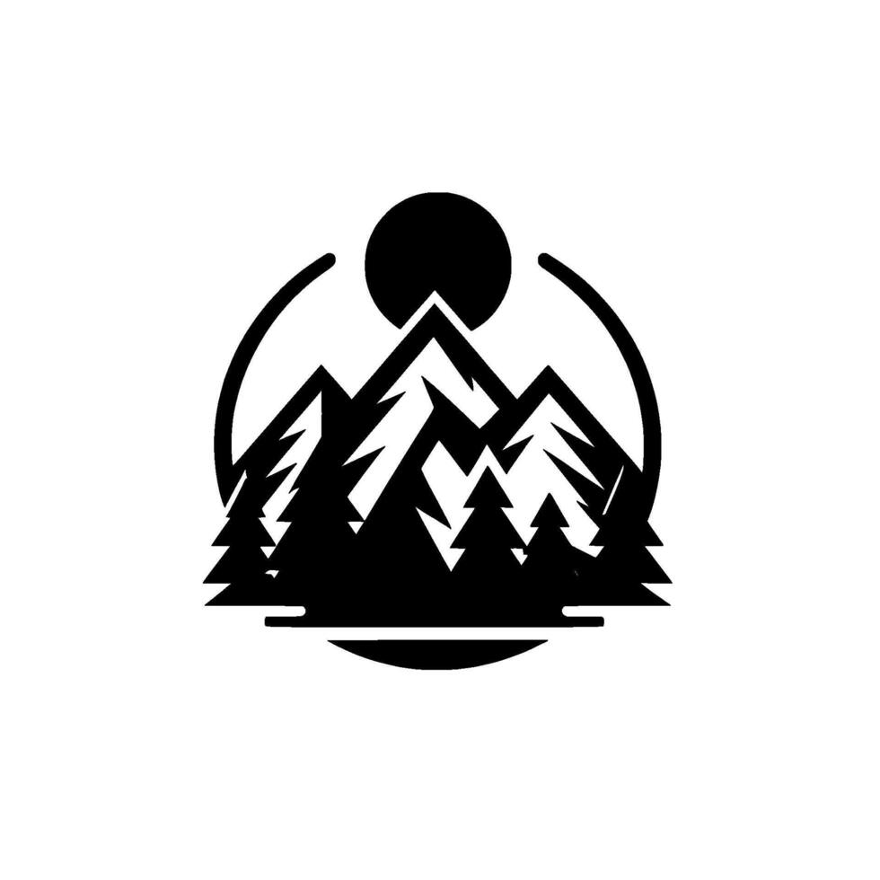 A minimalist black and white emblem featuring majestic mountains, pine trees, a rising sun, and a circular frame against a bright background. vector