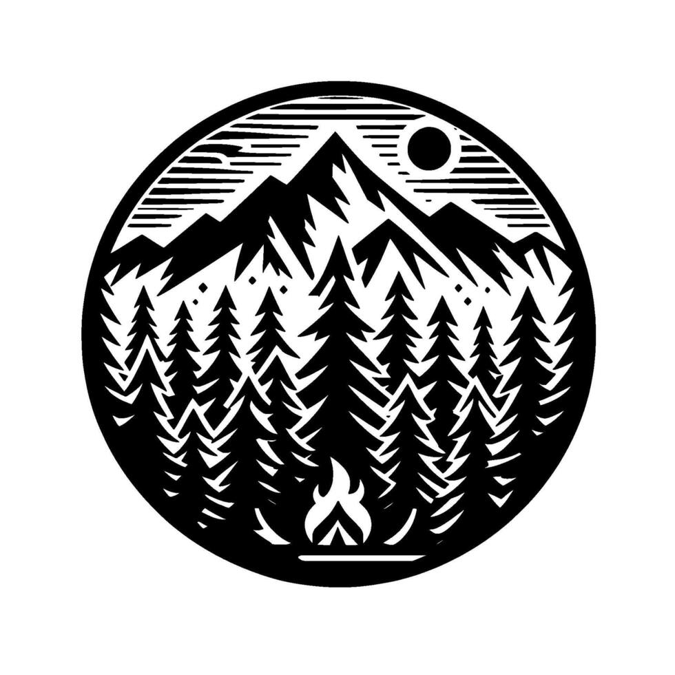 Black and white minimalist nature emblem campfire at night under mountain range, surrounded by pine trees and a sun in a circular frame. vector