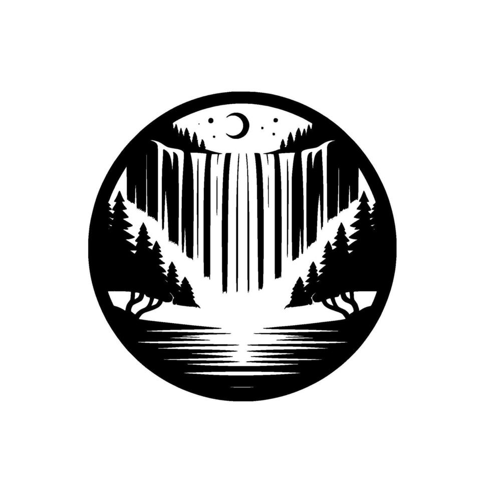 Silhouette of a tranquil waterfall scene within a circle, featuring trees, a crescent moon, stars, and a reflective lake, creating a calm, natureinspired illustration. vector