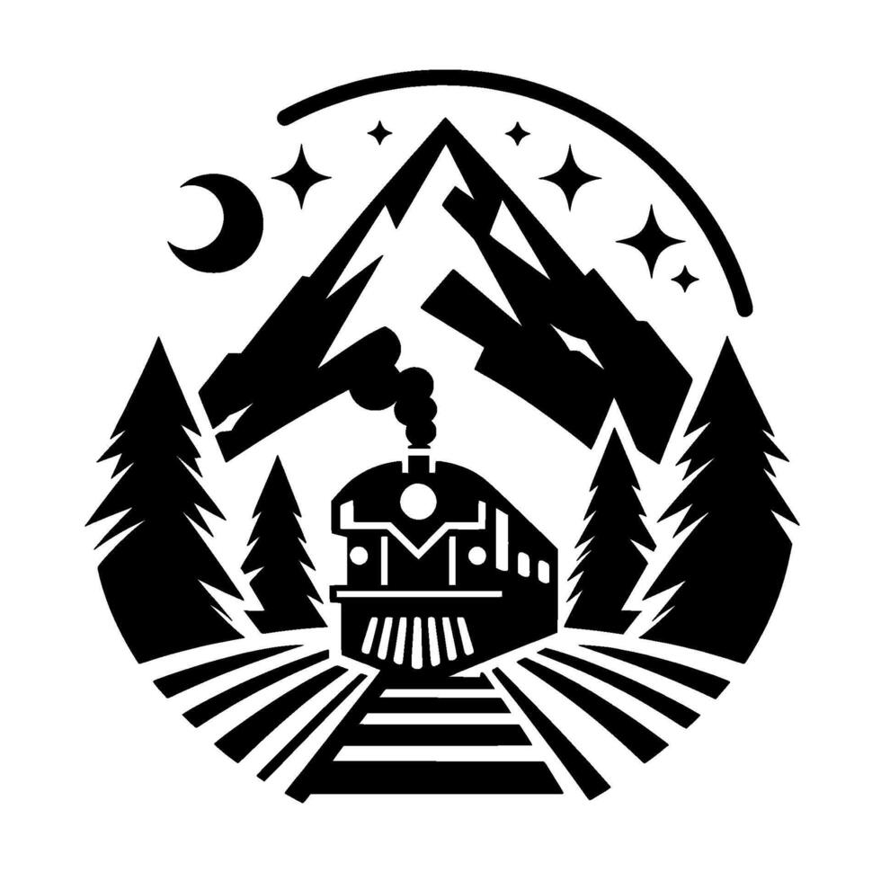 Black and white illustration of a train journey through mountains under a night sky with a crescent moon, stars and pine trees. vector