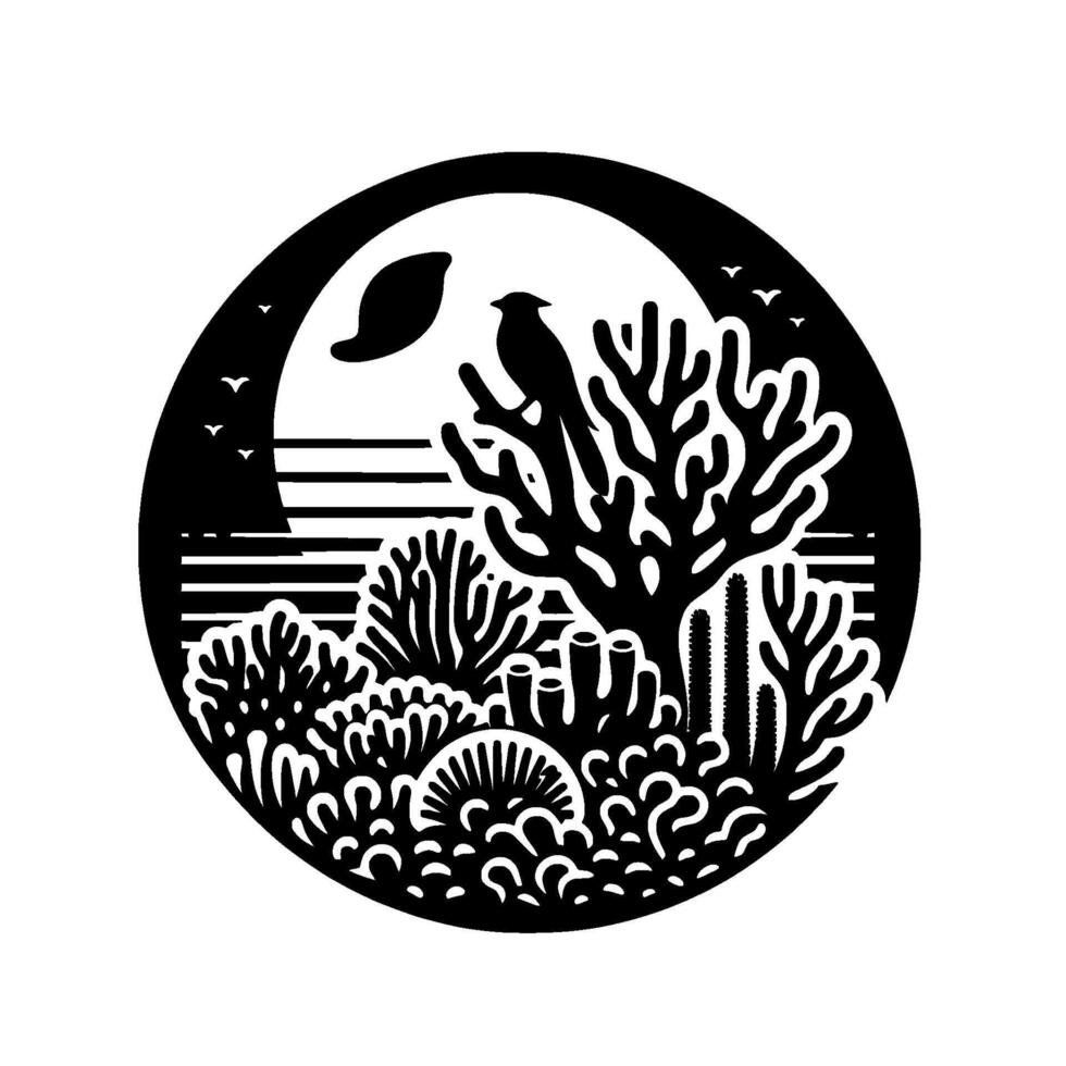 Serene circular black and white minimalist nature scene with a bird perched in a tree, sunset and stylized plants. vector