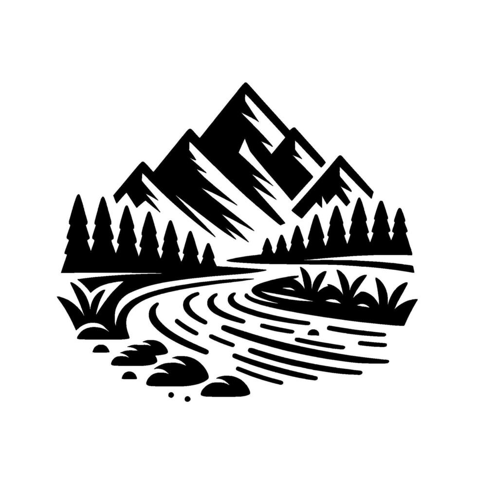 A stylized black and white scenic illustration of a mountain range, forest, and river, evocative of nature, adventure, and the outdoors. vector