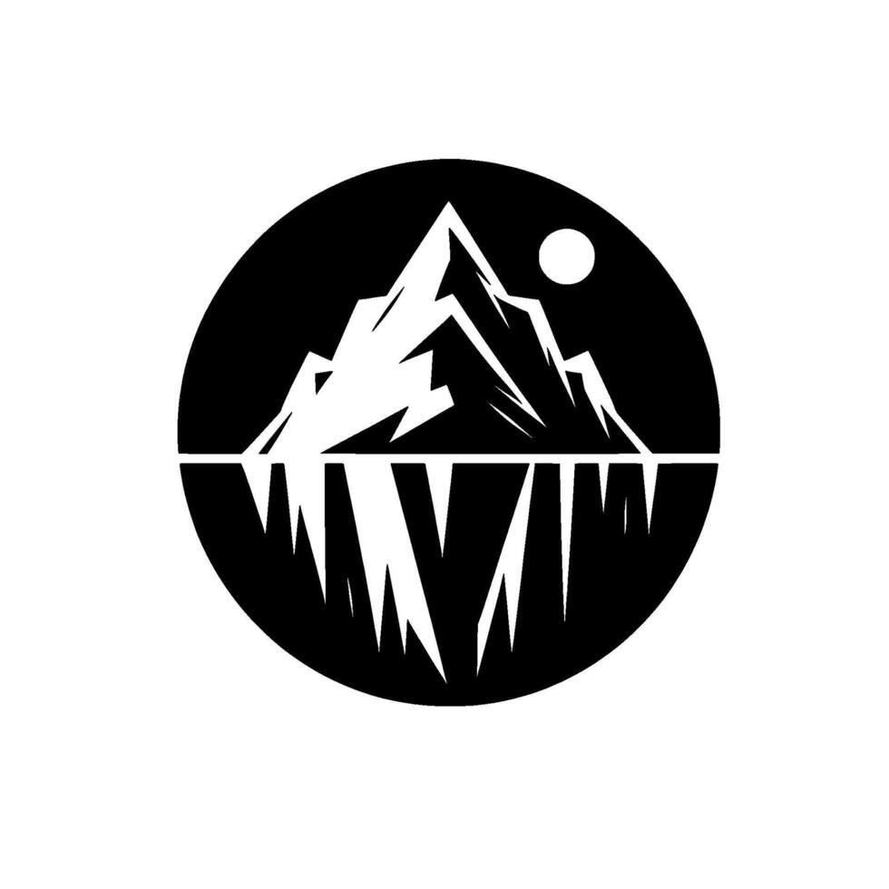 Black and White Mountain Landscape in Circle, Reflecting Peak, Moonlit Scene, Minimalist vector
