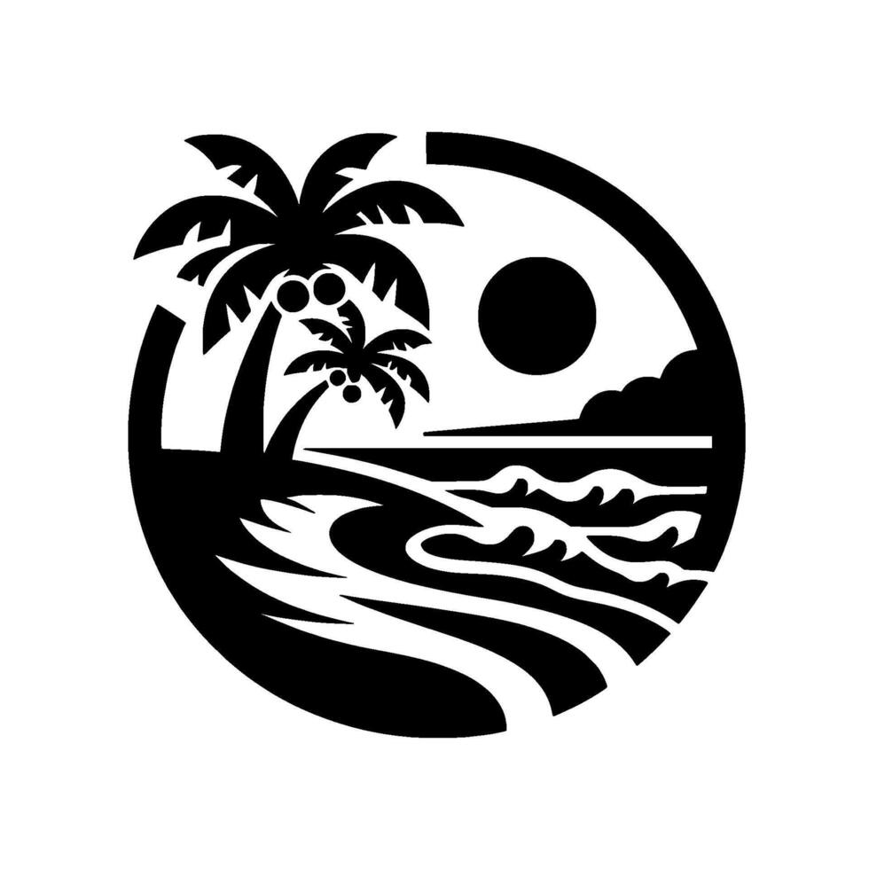 A stylized circular illustration presents a tropical beach scene with palm trees, sun, waves, and a simple, minimalist in black. vector
