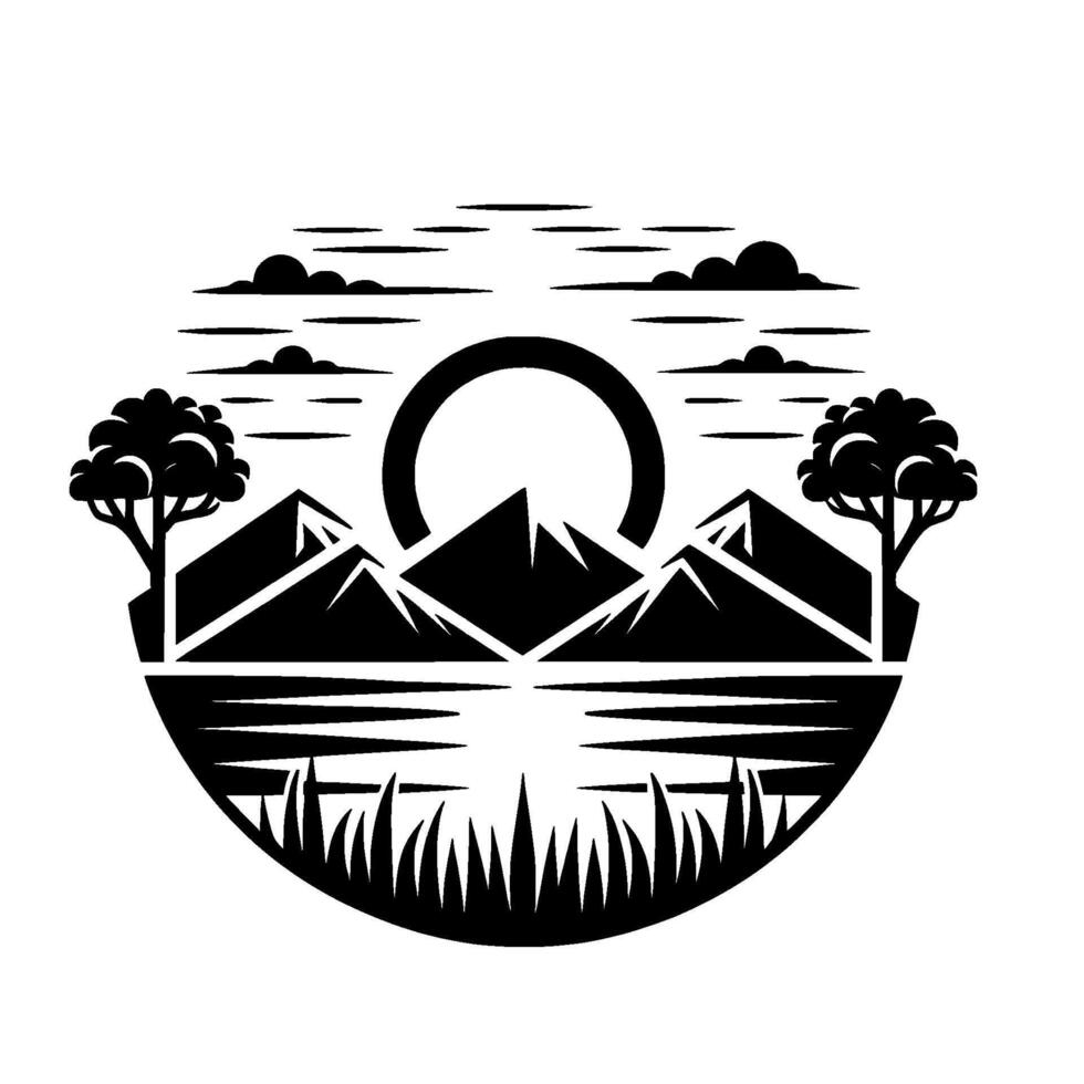 Black and white illustration of a mountain landscape scene with mountains, trees, water reflection, clouds and a circular sun, framed in a circle. vector