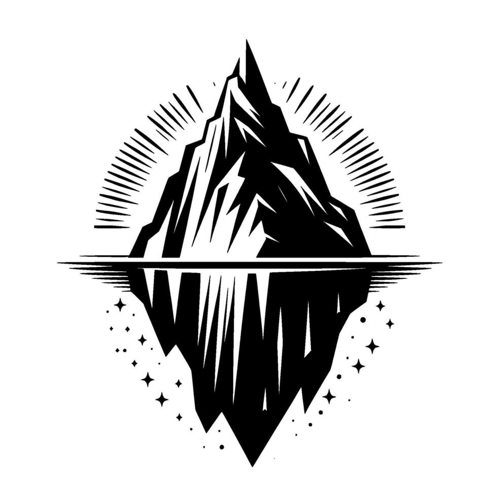 Monochromatic illustration of an iceberg with a mountainlike silhouette, emanating light, reflected in the water, with stars. vector