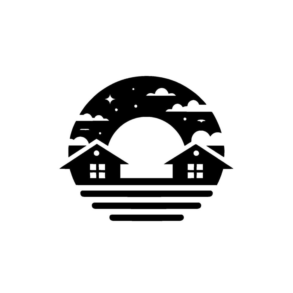 Black and White Minimalist Illustration of Two Houses Under a Starry Night Sky, Enclosed by a Circular Frame. vector