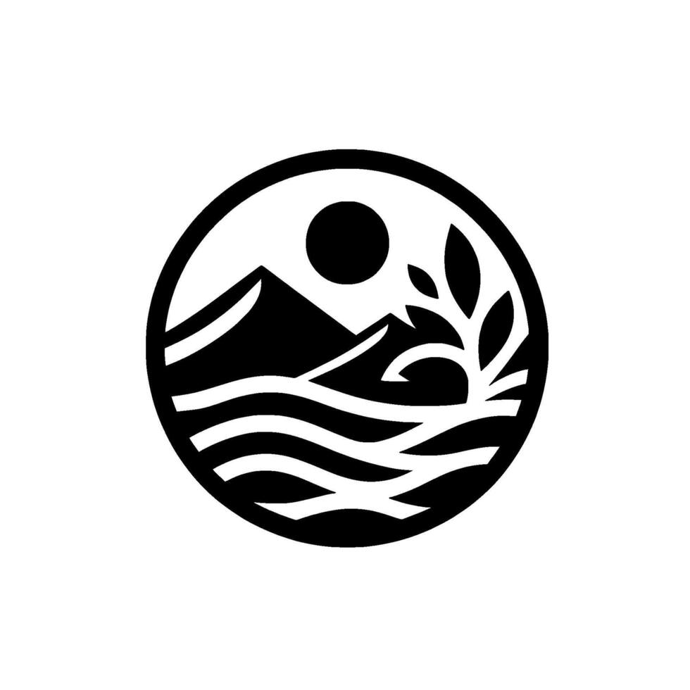 Black and White Circular Mountains, Sun, Water, and Foliage, Nature Inspired. vector