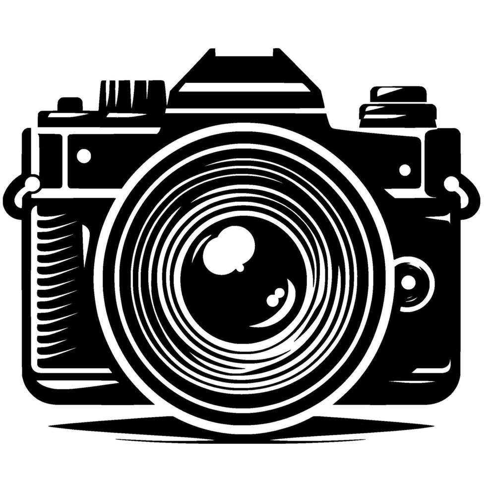 Bold black and white illustration of a classic vintage camera with a prominent lens and minimalist style. vector