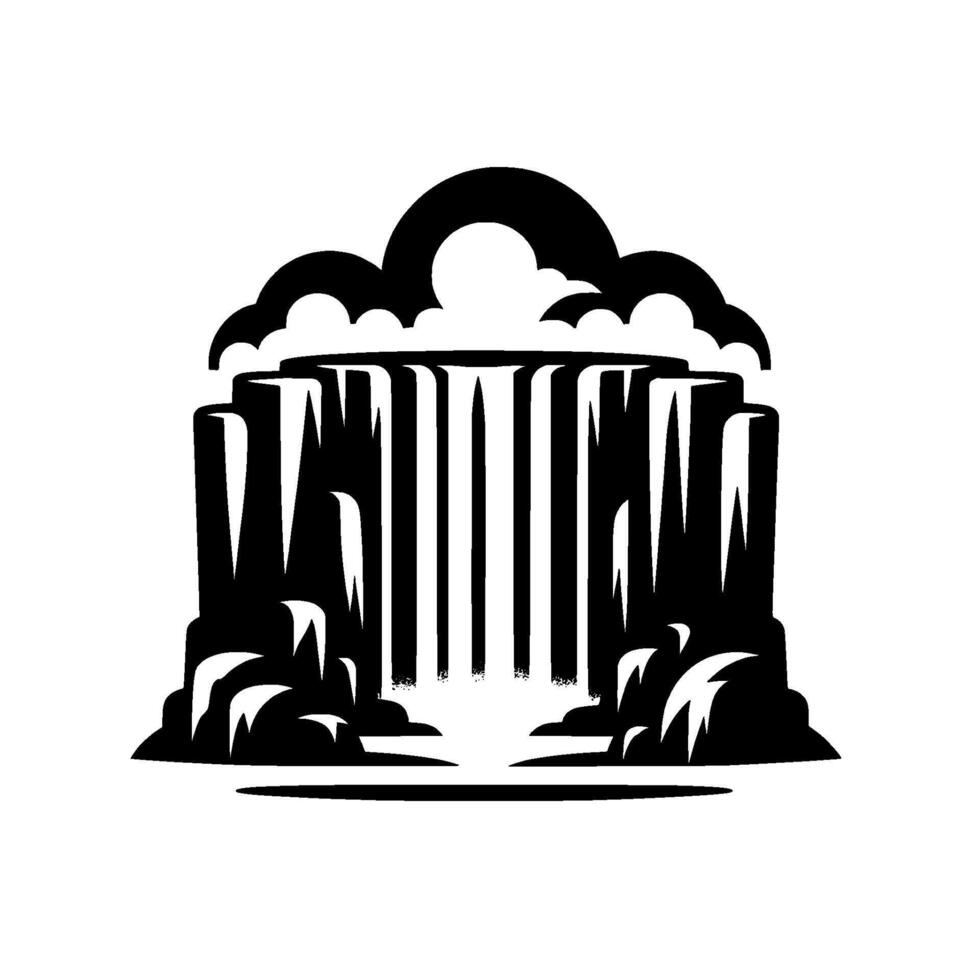 Black and white stylized waterfall illustration with cloud and mountain elements, evoking a serene and minimalist aesthetic. vector