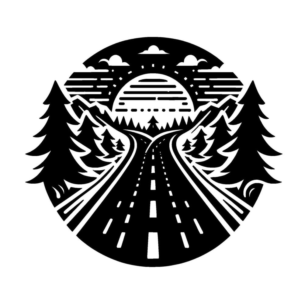 Circular black and white stylized illustration depicting a mountain highway scene with trees, a sunset, and an open road. vector