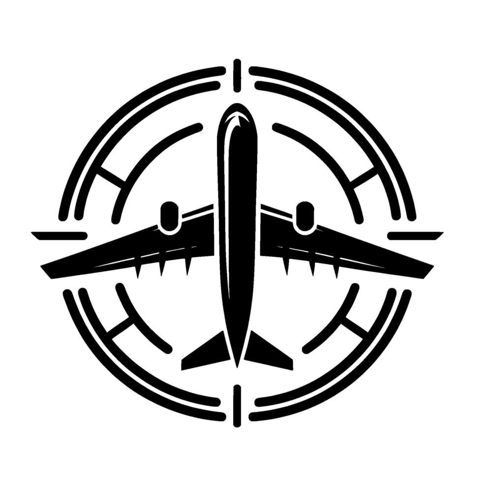 Black and white aviationthemed featuring a simplified airplane inside a circular frame with stylized geometric elements and a minimalist aesthetic. vector