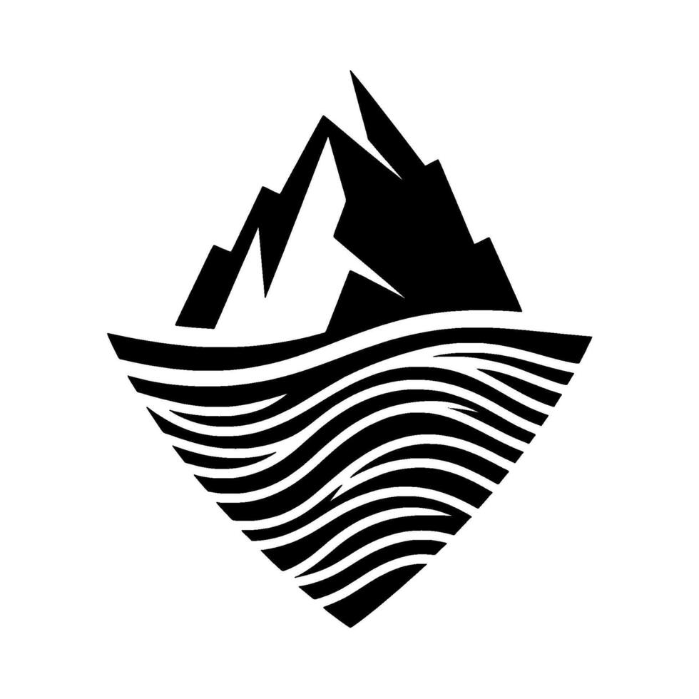 Monochromatic Mountain and Water Geometric Black and White Depicting Peaks Rising Above Wavy Lines, Symbolic . vector