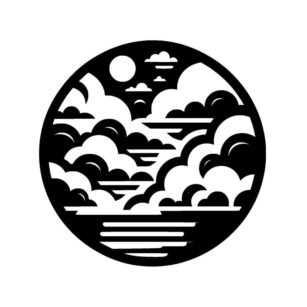 A circular minimalist black and white illustration, featuring layered clouds, sun, and water lines, creating a serene atmosphere. vector