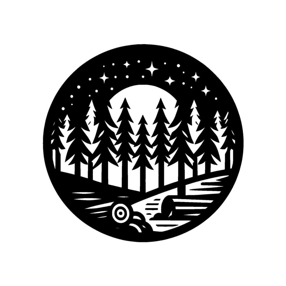 Circular Black White Forest Silhouette with Pine Trees, Moon, Stars, Lake, and Campfire, Symbolic Nature Scene. vector