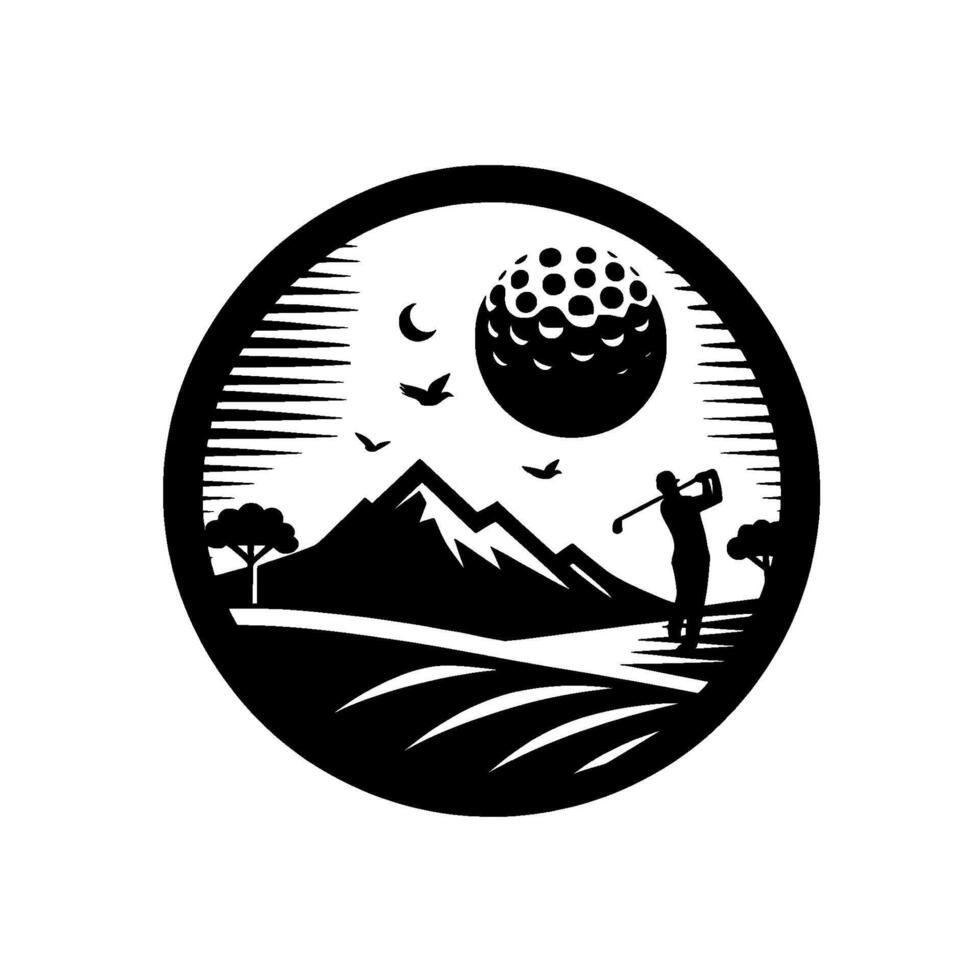 Golf Course Silhouette Inside Circle Golfer Swinging, Mountains, Moon, Birds, and Large Golf Ball vector