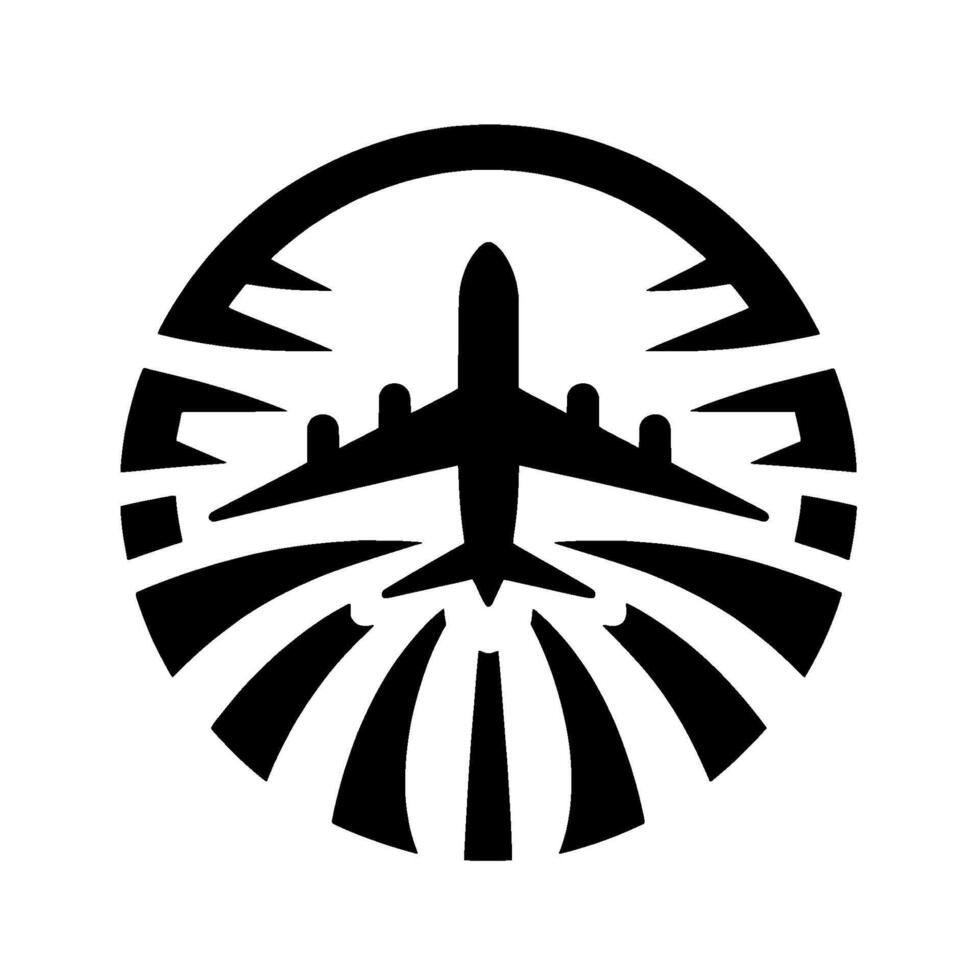 Black and white airplane silhouette within a stylized circular featuring radiating lines, evoking travel and flight. vector