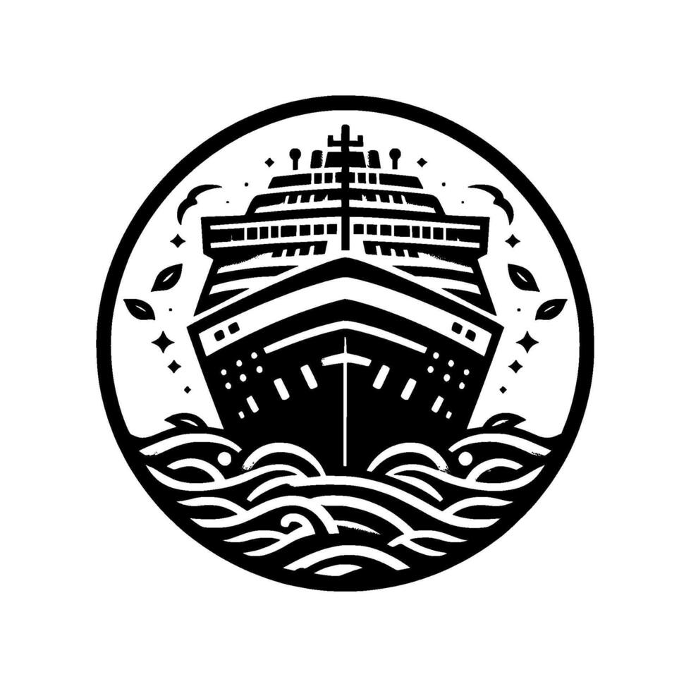 Frontfacing monochrome illustration of a cruise ship sailing on stylized waves, enclosed in a circular frame with nature elements, minimalist . vector