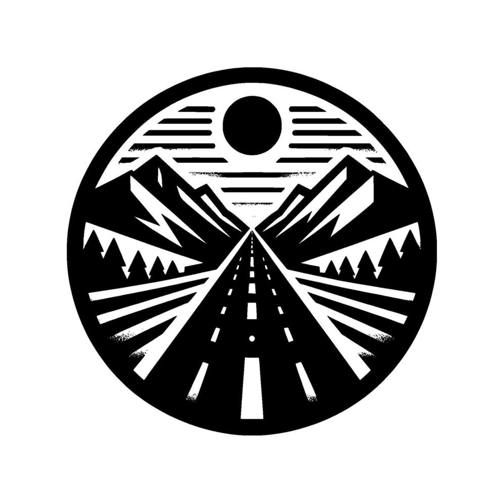 Circular Black and White Illustration Highway leading to the horizon, framed by mountains, trees, and sun. vector