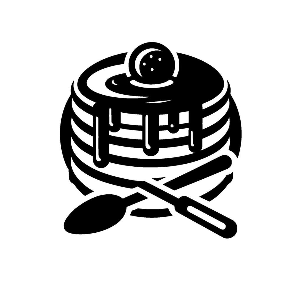 illustration of a stack of pancakes with syrup, a round topping, and a spoon and knife, on a white background. vector