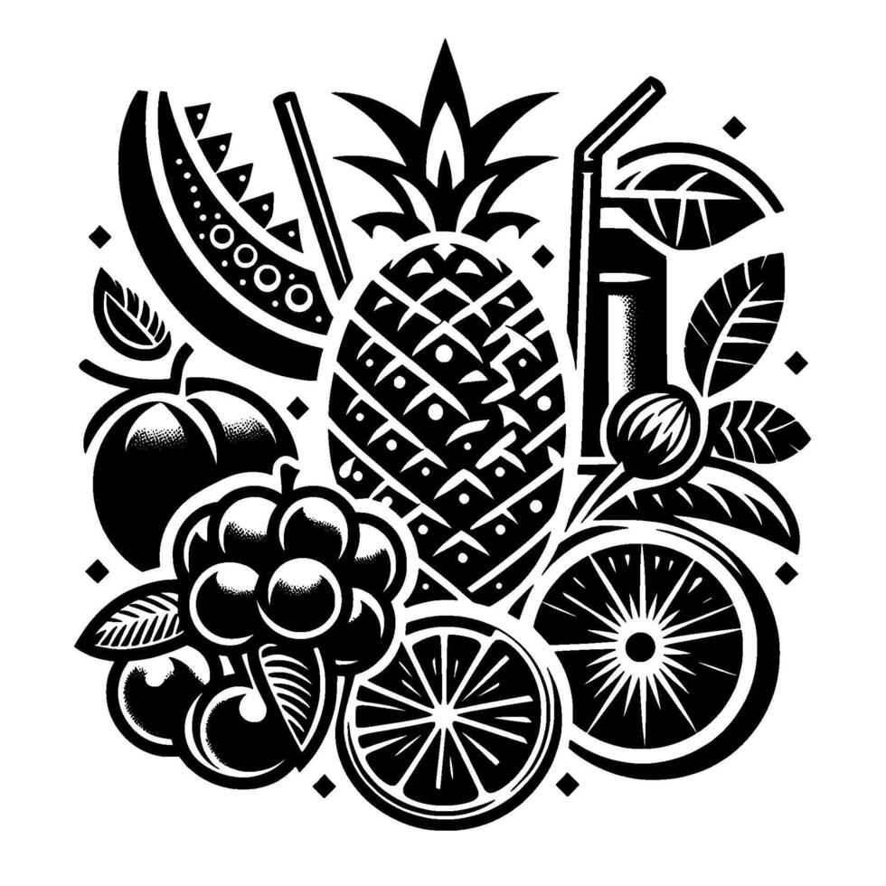 Monochromatic Fruit Composition Pineapple, Grapes, Orange Slice, Watermelon, and Juice Elements in Bold Black and White . vector