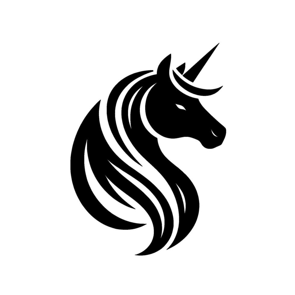 Stylized Silhouette of a Majestic Unicorn Head with Flowing Mane in Black and White . vector