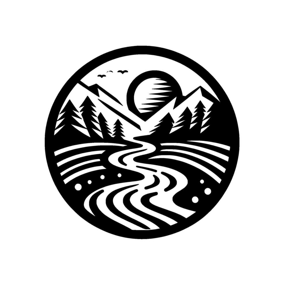 A circular monochrome landscape, with winding river, mountains, trees, sun, and birds, reminiscent of a woodcut or stencil . vector