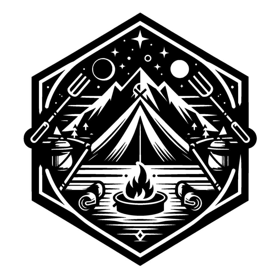 Black and White Camping Emblem with Tent, Fire, Mountains, Stars, Cutlery, and Lanterns Inside a Hexagon vector