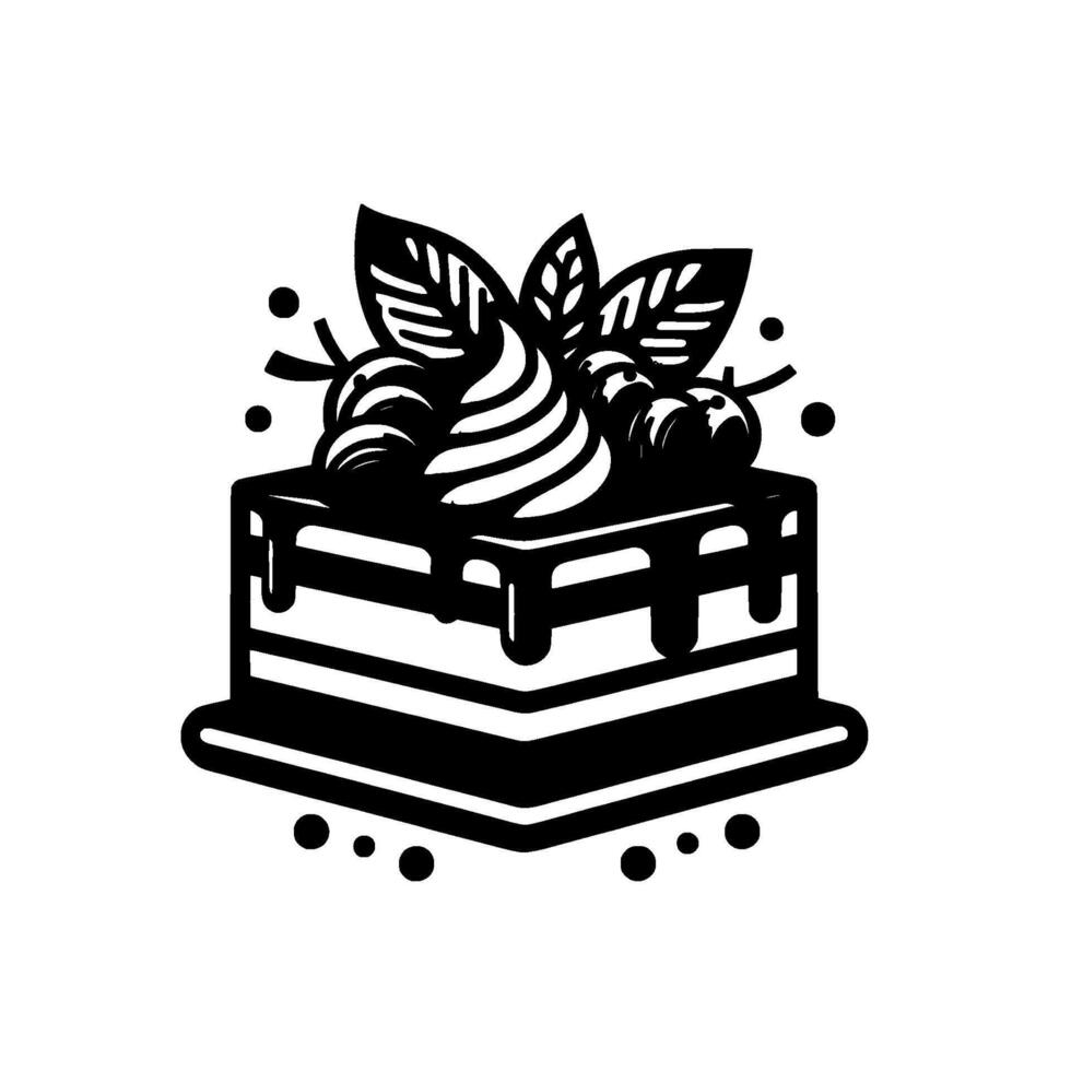 Intricate Black and White Cake Illustration with Whipped Cream, Berries, and Leafy Garnish, on a White Backdrop vector