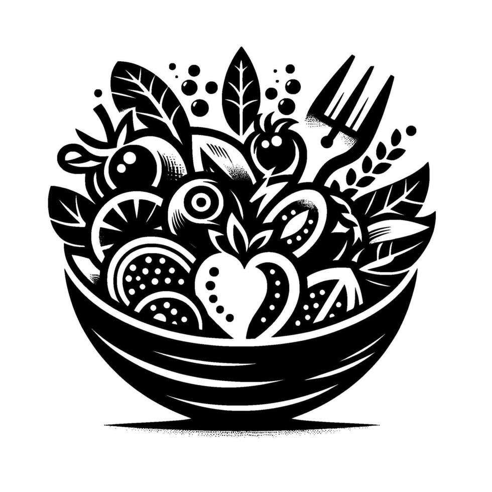 Illustration of a Wholesome Salad Bowl Fruits, Vegetables, and Herbs, with a Fork, in Black and White. vector