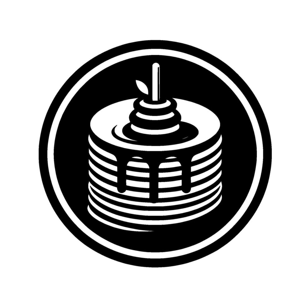 Black and White Circular Featuring a Stack of Pancakes, Dripping Syrup, and Topped with a Leafy Decoration. vector