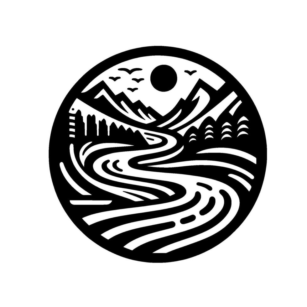 Black and White Circular Illustration Mountainous Landscape Featuring a River, Sun, Trees, Birds, and Urban Silhouette. vector