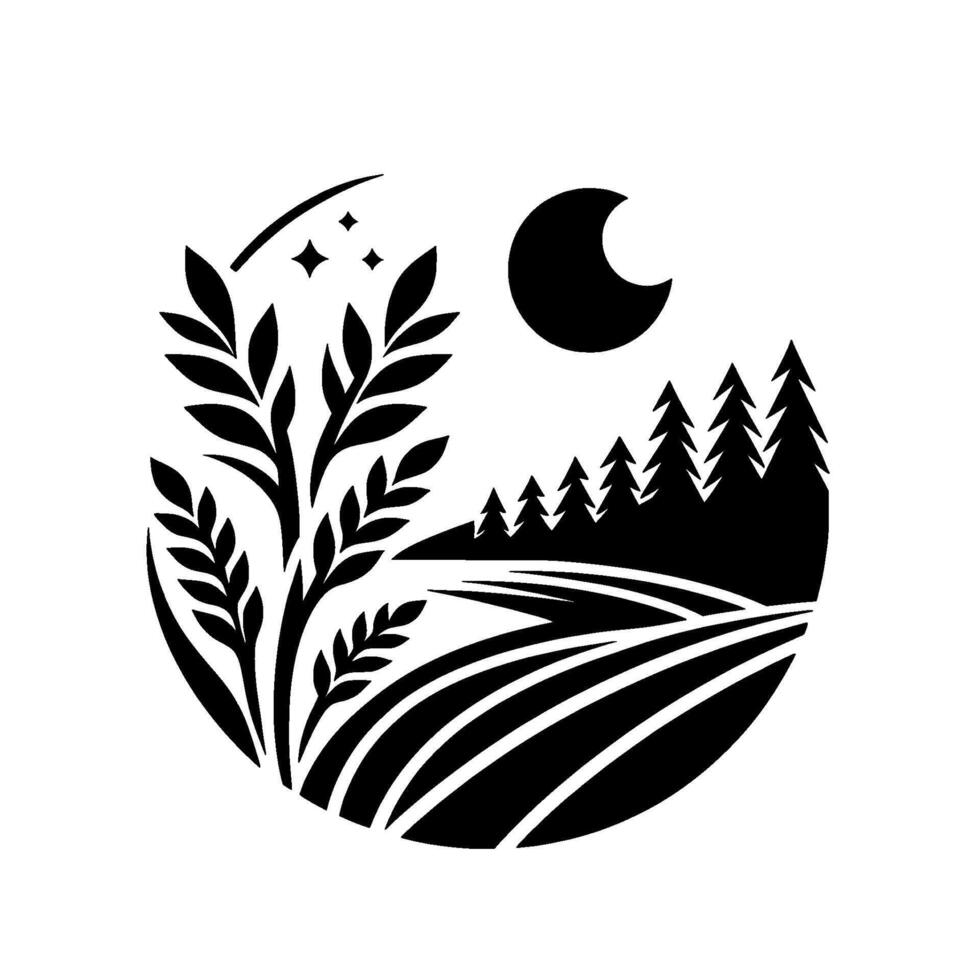 Serene monochrome landscape Field, forest, and foliage under a crescent moon and stars, within a circular . vector
