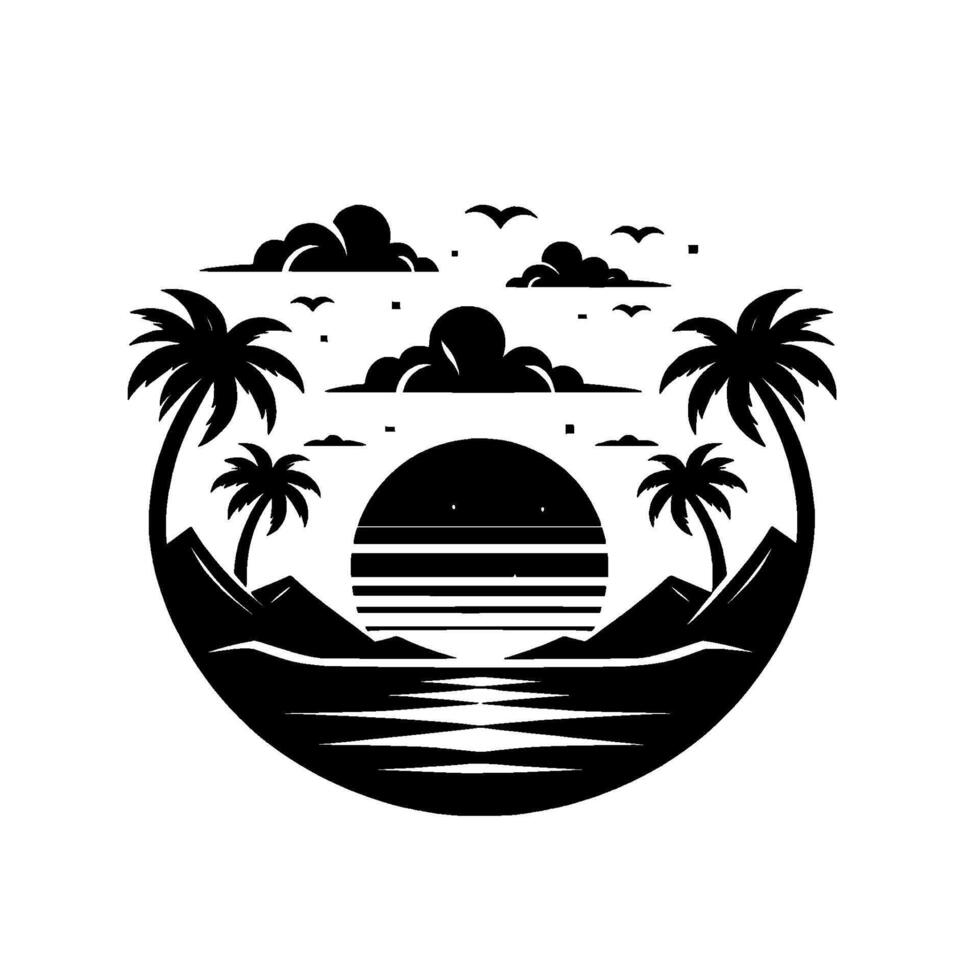 Serene Black White Silhouette Tropical Sunset Over Ocean with Palm Trees, Clouds, Birds, and Horizon. vector