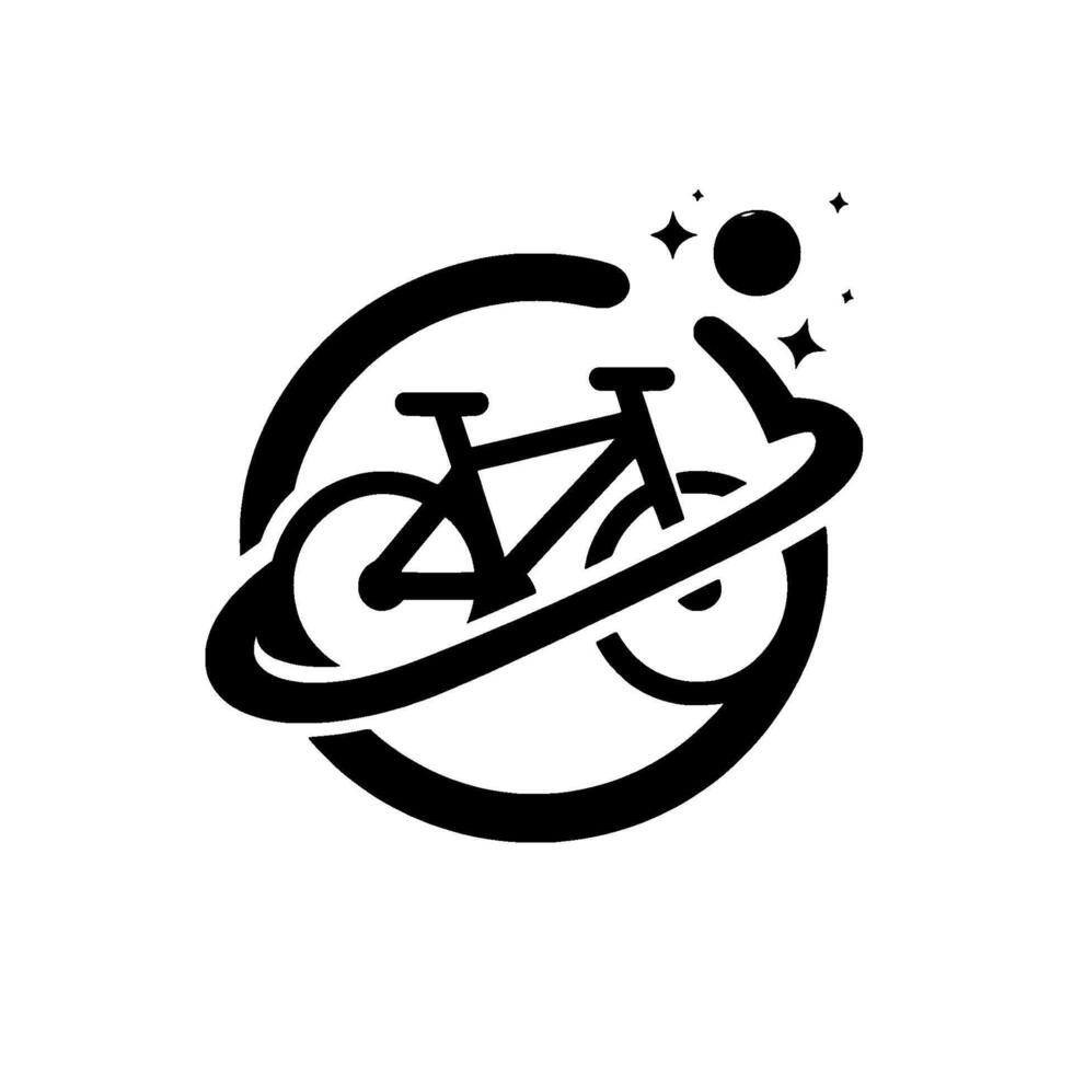 Black and white stylized bicycle with orbiting loop, sphere, and starburst elements on white background. vector
